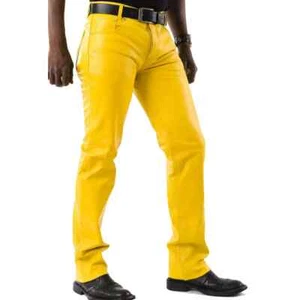 Elegante pantalón de motociclista amarillo de cuero genuino de piel de cordero real para hombre hecho a mano - Imagen 1 de 7