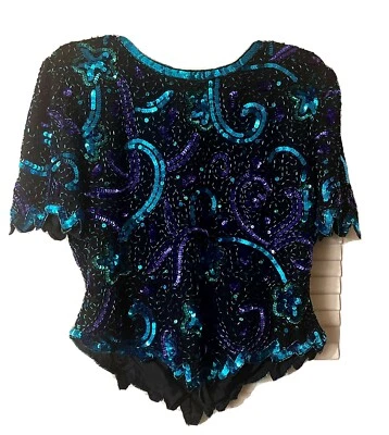 LK-05 - Blusa Lawrence Kazar Lentejuelas Cuentas Edición Limitada / Talla M Foto 1 de 4