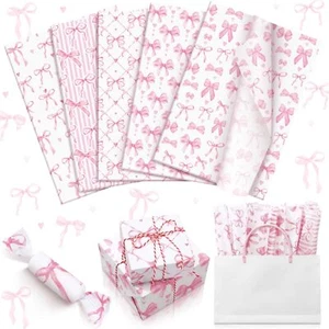 100 Pcs Pink Bow Wrapping Paper Decorative 5 20 x 14 Inch Paper Pink and Whit... - Picture 1 of 6