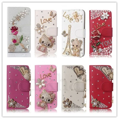 Girl's Luxury Bling Diamond Crystal Jewelled Leather Flip Wallet Card Case Cover - Image 1 of 4
