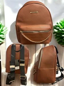 Brown Faux Leather Backpack with Gold Chain Accent - Picture 1 of 4