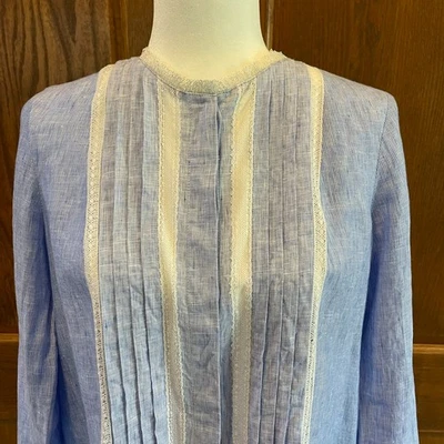 Blusa Elie Tahari Top Mujer Pequeña Túnica Azul Encaje Ribete Lino Flecos Plisada Foto 1 de 4