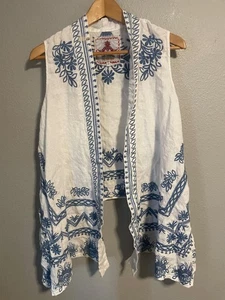 Johnny Was Los Angeles Vest Womens Small White Blue Embroidered Linen Open Front - Picture 1 of 7
