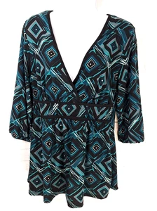 AB Studio Teal and black diamond pattern V-neck 3/4 sleeve blouse - Picture 1 of 11