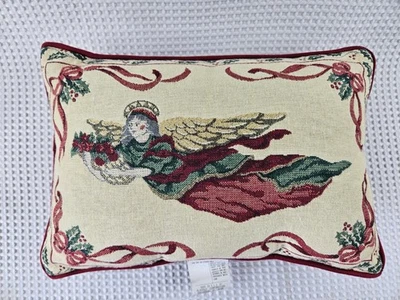 Riverdale Angel Tapestry Pillow Christmas 16x11 Cream Green Red Gold Made In USA - Image 1 of 4