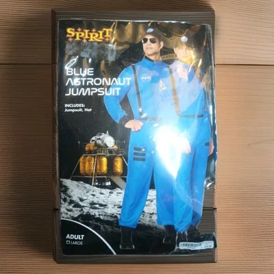 Fantasia de astronauta azul NASA com chapéu tamanho adulto traje espacial grande Halloween - Imagem 1 de 4