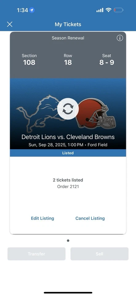 Boletos Detroit Lions Vs Cleveland Browns 108 filas 18 asientos 8-9 Foto 1 de 1