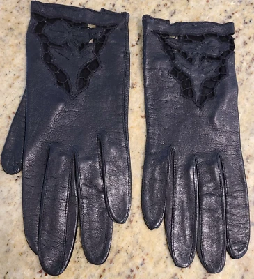 Vintage Size S Womens Black Soft Leather Lace-Like Flower Cutout - Image 1 of 4