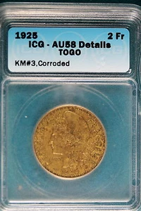 1925 ICG AU58 Details Togo 2 Francs Aluminum Bronze Coin #B6791 - Picture 1 of 2