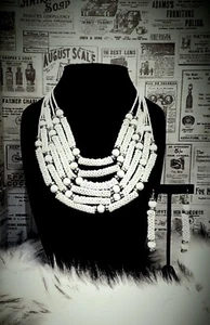 CHICO'S Wonderfull White Beaded Bib 6 Strand  12"L Necklace+ 3"1/4L Earrings Ap2 - Picture 1 of 11