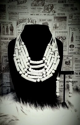 CHICO'S Wonderfull White Beaded Bib 6 Strand  12"L Necklace+ 3"1/4L Earrings Ap2 - Image 1 of 4
