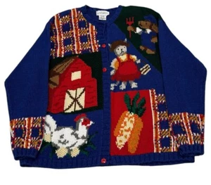 Alexandra Bartlett Knit Cardigan Sweater XL Produce Stand Apple Art to Wear Vtg - Picture 1 of 8