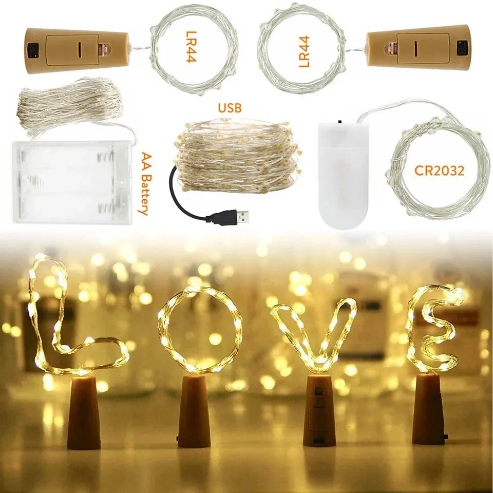 9 cores 2m LED luz de corda luzes de fadas de cortiça guirlandas lâmpada de férias USB/bateria - Imagem 1 de 4