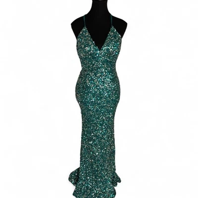 Maxi Vestido Vintage Scala Para Mujer Pequeño Azul Seda Lentejuelas Formal Halter Hada Foto 1 de 3