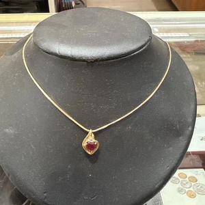 14k Gold 3.48g Necklace W/ Red Gem Heart Pendant. Pendant Is 10k. (1.82 G) 18” - Picture 1 of 2