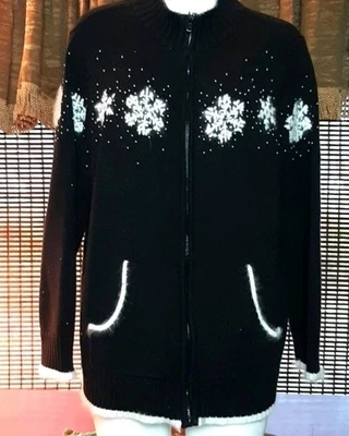 Vintage Quaker Factory  Angora & Wool Snowflake   Zip Up Sweater Beaded L - Image 1 of 4