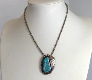 Vintage Navajo Sterling Silver & Large Turquoise Necklace Signed  Estate Find ! - Picture 1 of 15