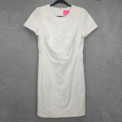 Lilly Pulitzer White Textured Lace Shift Dress Size 4 Short Sleeve Scallop Neck - Image 1 of 4