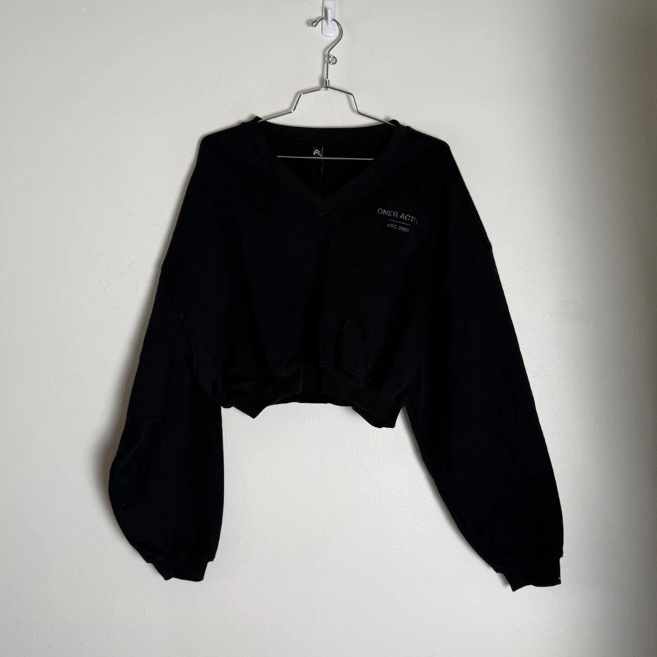 Oner Active Sweatshirt Women's L Cropped Embroidered Logo Athleisure Blk Vneck - Image 1 of 1