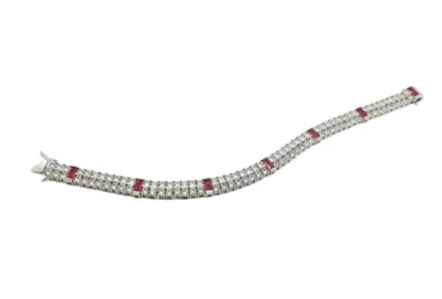 Double Row white gold finish Created Diamond and red ruby tennis bracelet Gift - Image 1 of 4