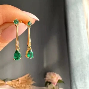2Ct Pear Cut Simulated Green Emerald Dangle Drop Earring 14k Yellow Gold Plated - Picture 1 of 5