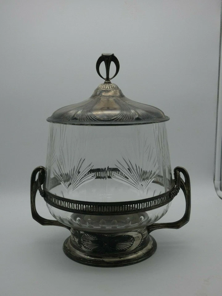 (8775) Jugendstil Bowletopf Glas + Metall versilbert - Bild 1 von 4