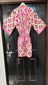 Cotton Kimono Robe Dressing Gown, Block Print Bridesmaid Robe, Summer Nightwear, - Picture 1 of 5