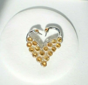 Lovers Heart Swan Brooch Natural Citrine Lg Cluster w Garnet 14K on Sterling 925 - Picture 1 of 17