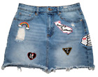 Forever 21 Denim Mini Skirt Distressed Jeans Patches Retro Hippie Boho
