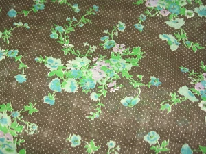 Brown Dotted Semi Sheer Fabric with Embossed Green and Pink Flowers  44" x 3 Yds - Picture 1 of 8