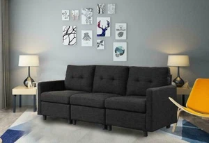 3-Seats Sofa Set Contemporary Living Room Linen Fabric Couch Furniture Black - Picture 1 of 6