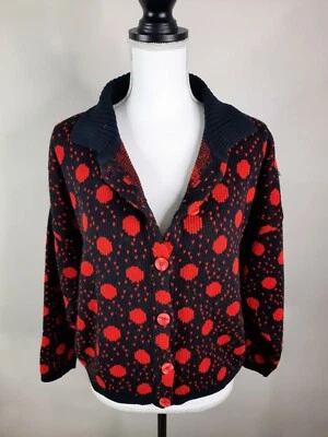 Cárdigan corto vintage años 90 suéter tejido rojo negro lunares para mujer M corazón S5C  Foto 1 de 4