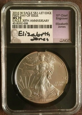 2016 W 1OZ SILVER AMERICAN EAGLE - LED EDCE  MS70 FDOI (JONES SIGNED LABEL) - Image 1 of 2