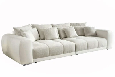 Big-Sofa XXL 306 cm Federkern Lounge Couch Kunstleder Weiß und Stoff Grau Beige - Bild 1 von 4