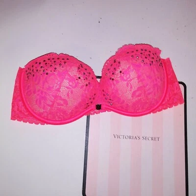 Sujetador Victoria Secret 32C Rosa Neón Bling Acolchado Sin Tirantes Push Up Cierre Frontal Foto 1 de 4