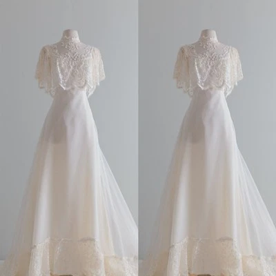 Light Champagne Wedding Dresses High Neck Short Sleeves with Cape Bridal Gowns - Image 1 of 4
