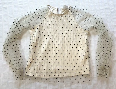 Zara Off White Sheer Mesh Sleeve Black Dot Blouse Shirt Top Size 10 - Image 1 of 4