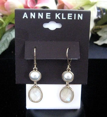 Anne Klein Faux Pearl dangle Earrings leverback New on Card - Image 1 of 3