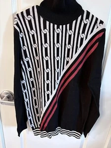 Neu mit Etikett CECE Rollkragenpullover Erwachsenengrößen weiß Muster rote Streifen - Bild 1 von 4