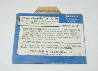 Aguja de zafiro Columbia W-15 78 RPM para cartuchos Webster A1 A7 A10 AB1 AX A3 Foto 1 de 3