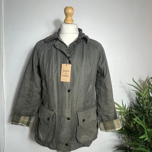 Barbour Beadnell Womens Wax Waterproof Jacket Olive Green Size 10 Tartan Lined - Picture 1 of 12