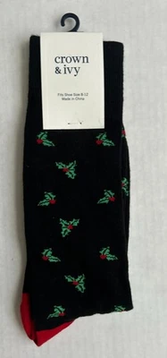 Calcetines Crown & Ivy para hombre hoja de acebo de vacaciones negros con verde y rojo talla 8-12 elegantes Foto 1 de 3