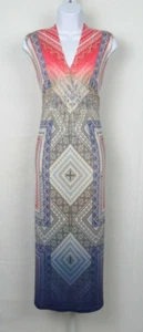 ONE WORLD MEDIUM SLEEVELESS DRESS ETHNIC PATTERN CROCHETED TRIM BEADS - Picture 1 of 12
