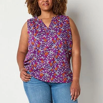 St. John's Bay V-Neck Purple Ditsy Floral Sleeveless Blouse NWT 1X - Image 1 of 4