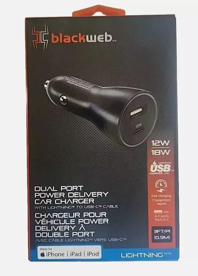 Cargador Coche Doble Puerto Blackweb 12W + 18W con Cable USB-C - Adaptador Carga Rápida Foto 1 de 2