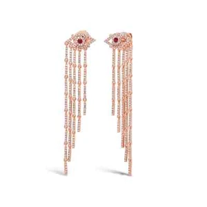 14K Rose Gold Ruby Eye Diamond Fringe Earrings Natural 1.11 CTW Drop Dangle - Picture 1 of 2