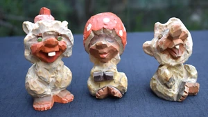 3 vintage Henning hand carved wooden Troll figurine mushroom cap Norway Folk Art - Picture 1 of 9