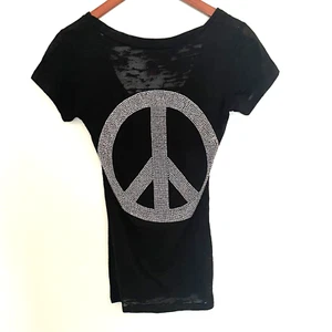 E.VIL Strass Peace Zeichen Top Gr. Small schwarz Burnout Kurzarm transparent - Bild 1 von 10