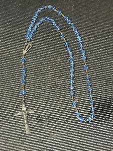 Vintage Rosary Chapel Sterling Cross and Blue Glass Bead Necklace - Picture 1 of 9