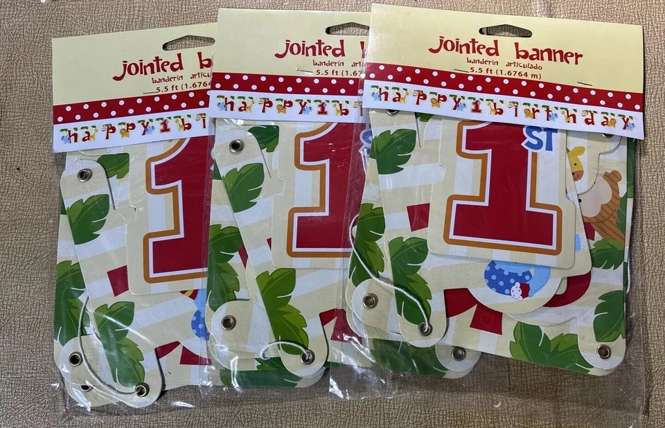 3 Packages Happy 1st Birthday Jointed Jungle Themed Banner. 5 1/2 Foot Long. C-2 - Image 1 of 4